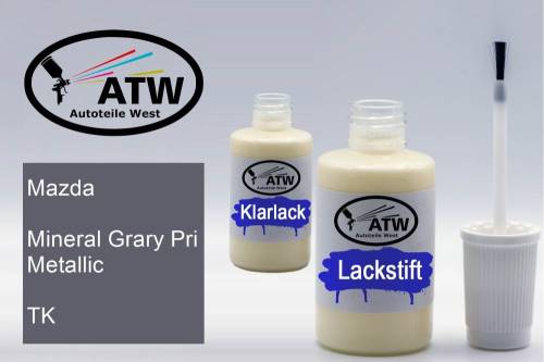 Mazda, Mineral Grary Pri Metallic, TK: 20ml Lackstift + 20ml Klarlack - Set, von ATW Autoteile West.